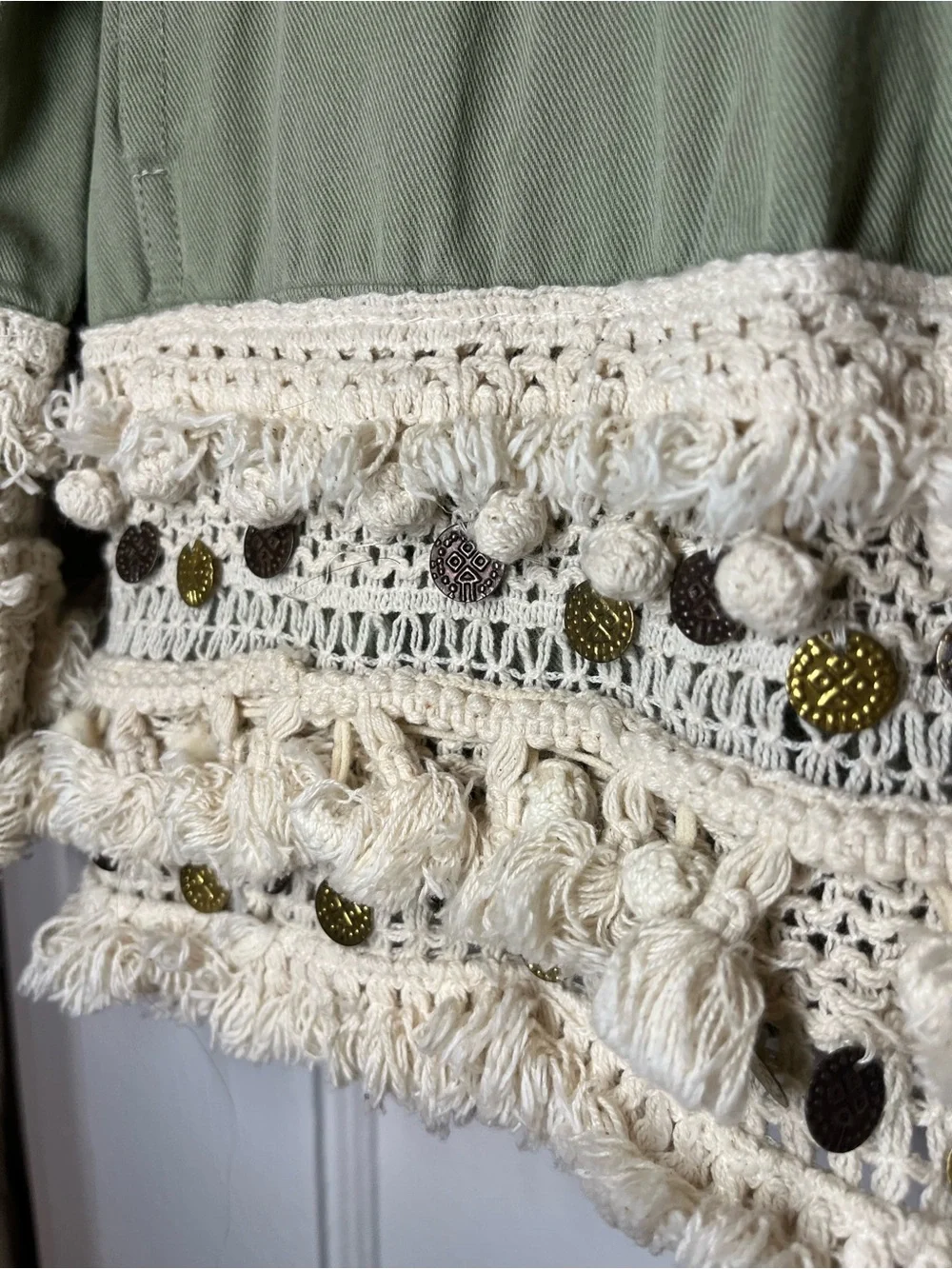 Zara Olive Green Utility Jacket with Cream Crochet Trim